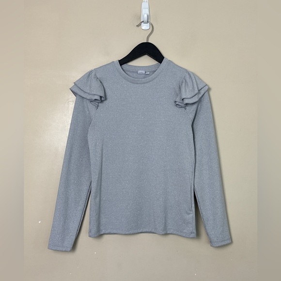 GAP - ribbed silver shine & ruffle longsleeve Medium - p2p is 18". - Picture 3 of 8